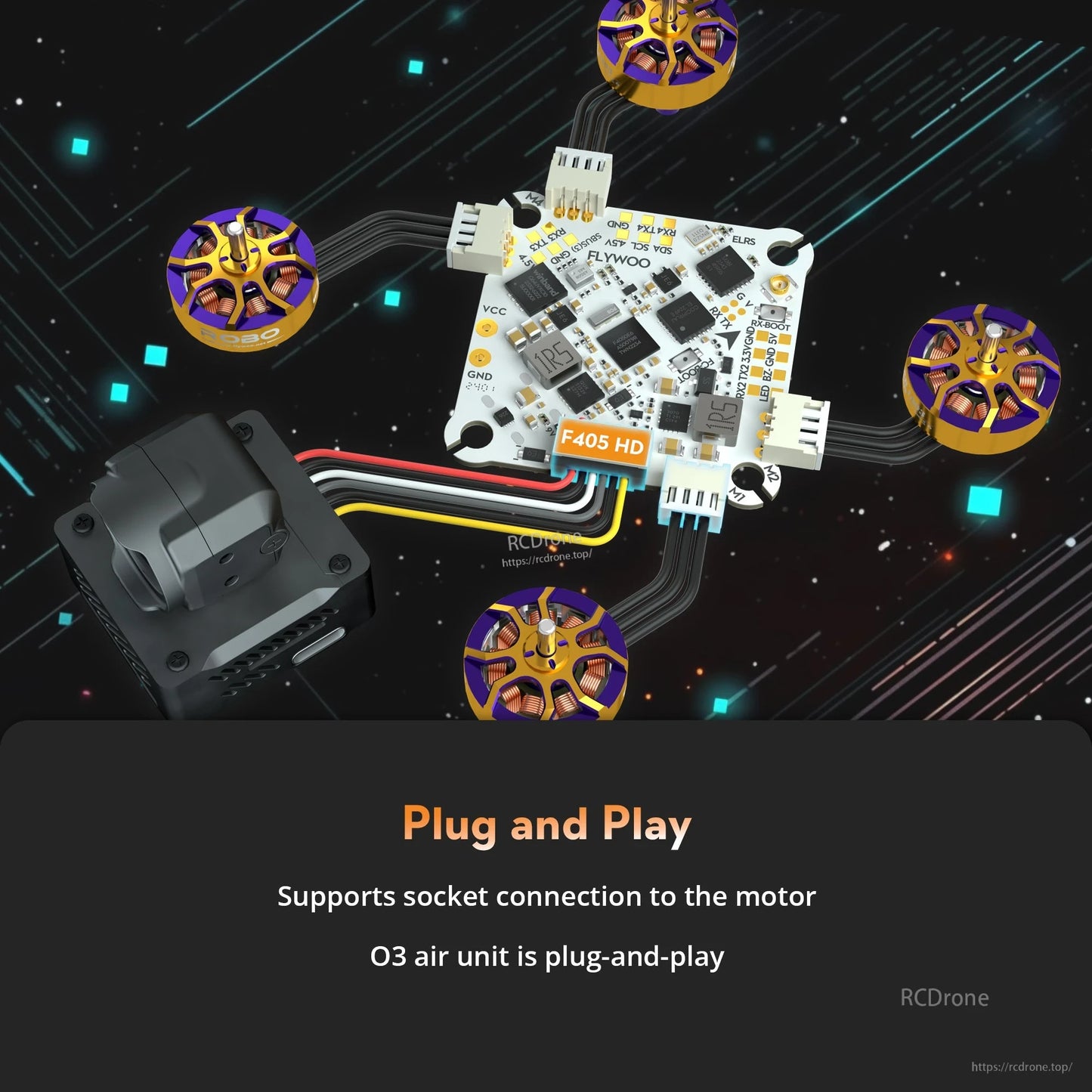 Flywoo GOKU F405 HD AIO flight controller board with plug-in motor sockets and DJI O3 air unit connector