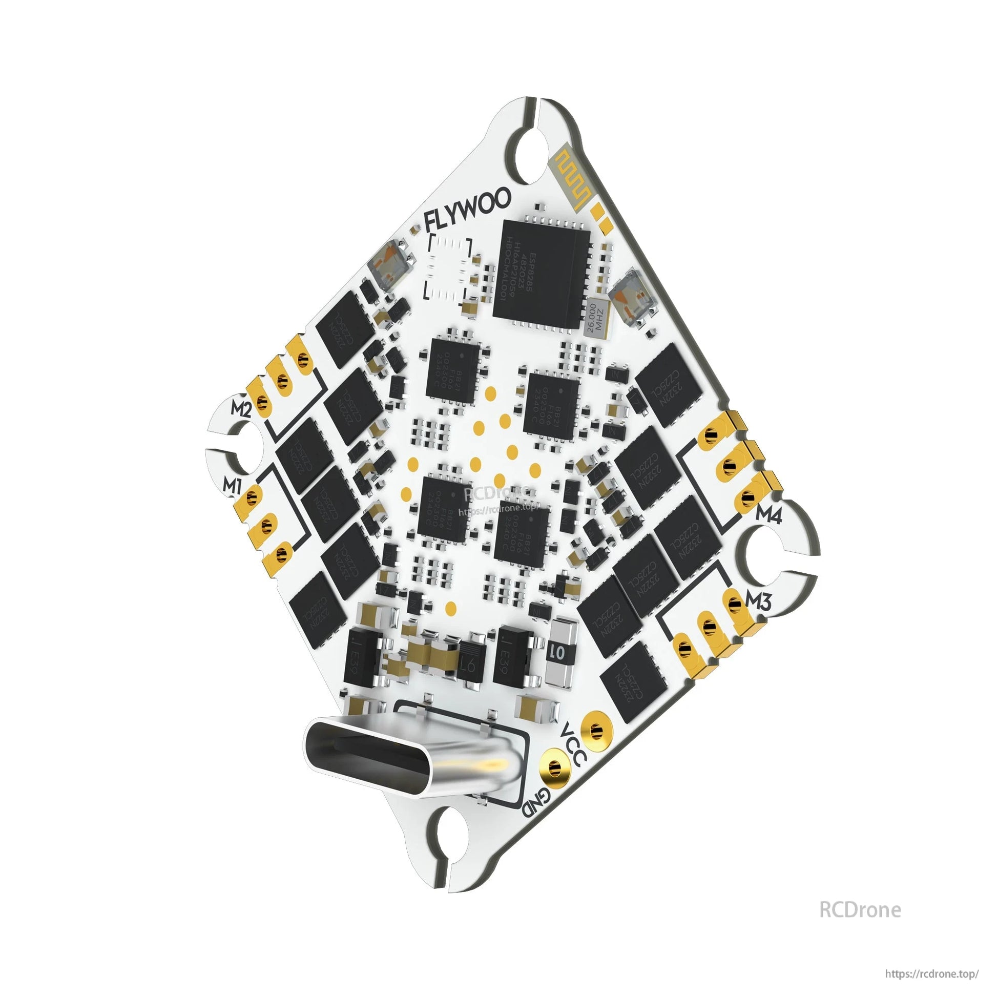 Flywoo GOKU F405 HD AIO flight controller board with USB-C port and labeled M1–M4 motor pads