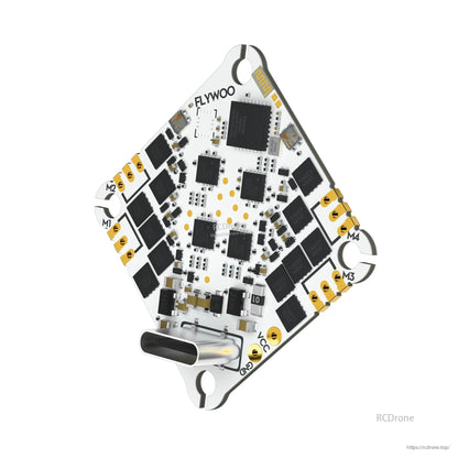 Flywoo GOKU F405 HD AIO flight controller board with USB-C port and labeled M1–M4 motor pads