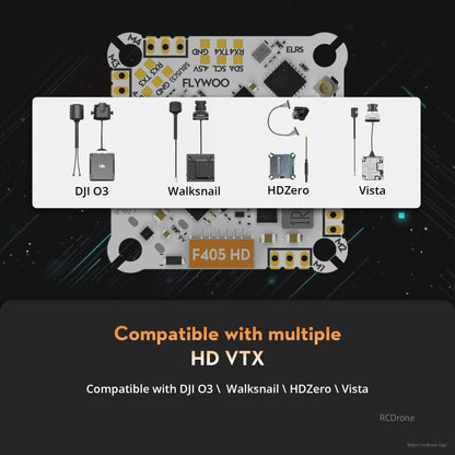 Flywoo GOKU F405 HD AIO flight controller board with DJI O3, Walksnail, HDZero and Vista HD VTX compatibility