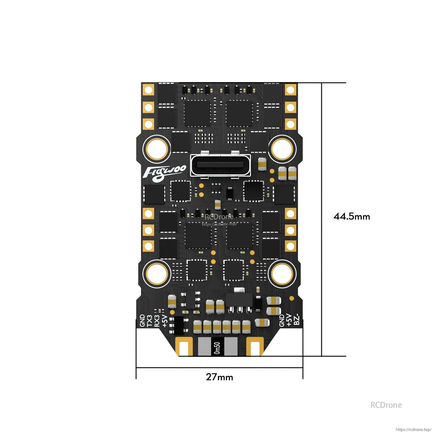 Flywoo GOKU F405 SE AIO flight controller board with central connector, labeled pads, 27mm x 44.5mm