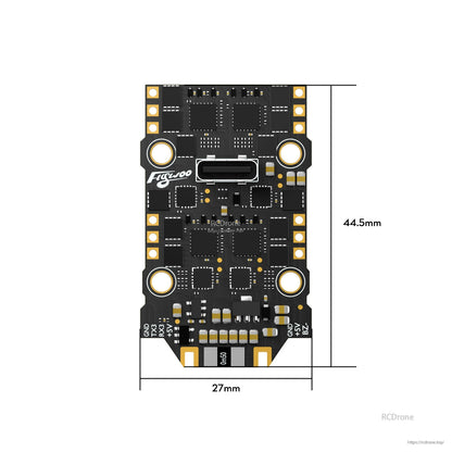 Flywoo GOKU F405 SE AIO flight controller board with central connector, labeled pads, 27mm x 44.5mm