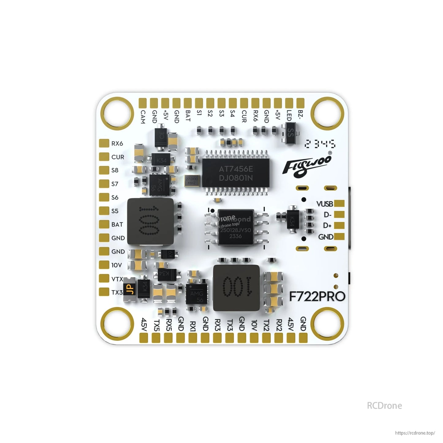 Flywoo GOKU F722 PRO V2 30x30 flight controller with labeled pads for RX6, CUR, S5/S7, VTX/TX3, BUZ, 5V/BAT, and VUSB