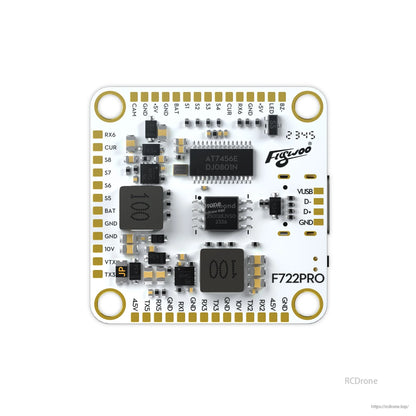 Flywoo GOKU F722 PRO V2 30x30 flight controller with labeled pads for RX6, CUR, S5/S7, VTX/TX3, BUZ, 5V/BAT, and VUSB