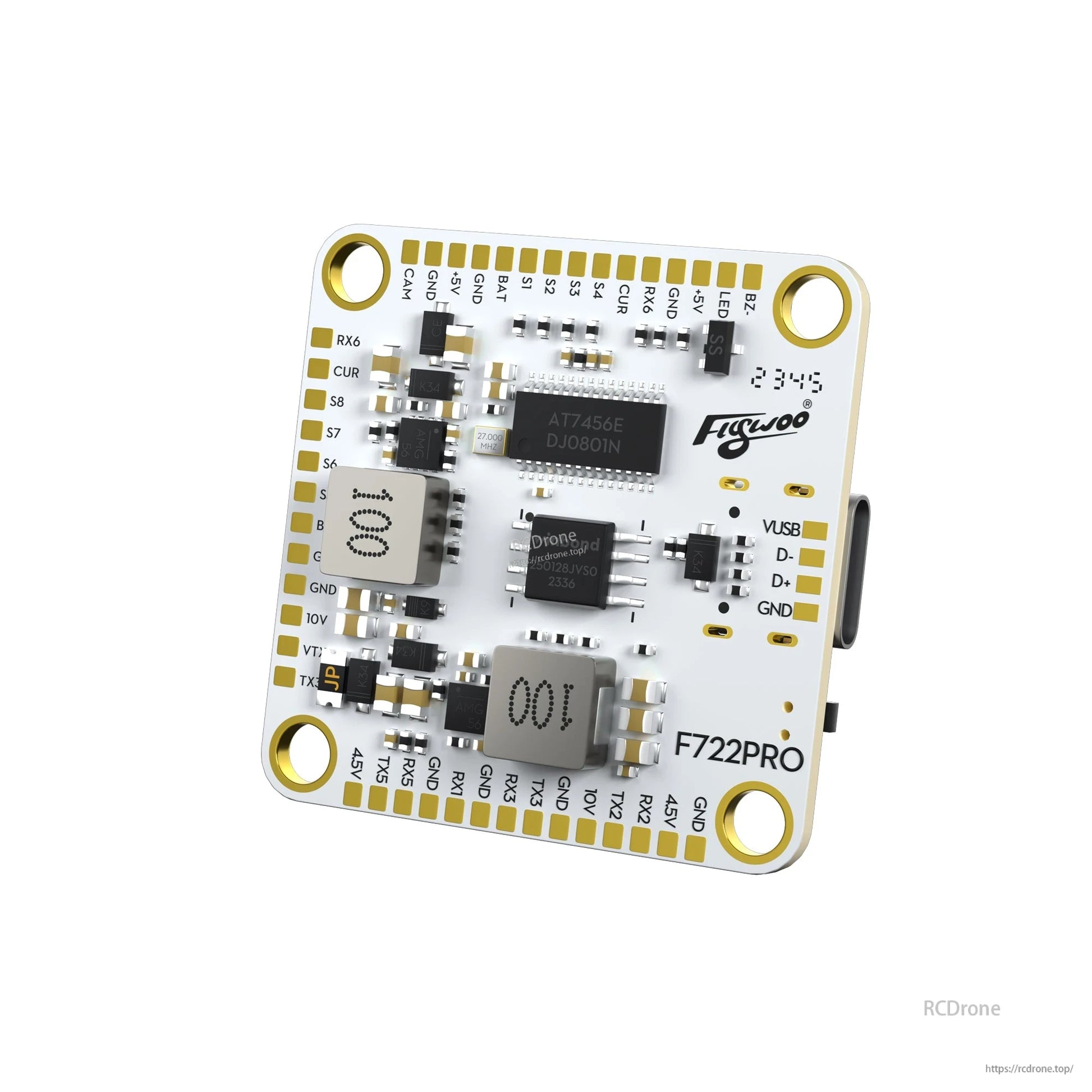 Flywoo GOKU F722 PRO V2 30x30 flight controller with AT7456E OSD, corner mounting holes, and side USB port