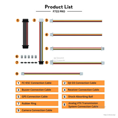 Flywoo GOKU F722 PRO V2 30x30 Flight Controller, Flywoo GOKU F722 PRO flight controller wiring kit with 8 labeled connection cables, rubber rings, and shock-absorbing balls.