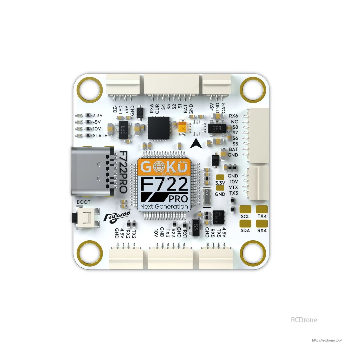 Flywoo GOKU F722 PRO V2 30x30 flight controller board with USB-C port, BOOT button, and labeled pads