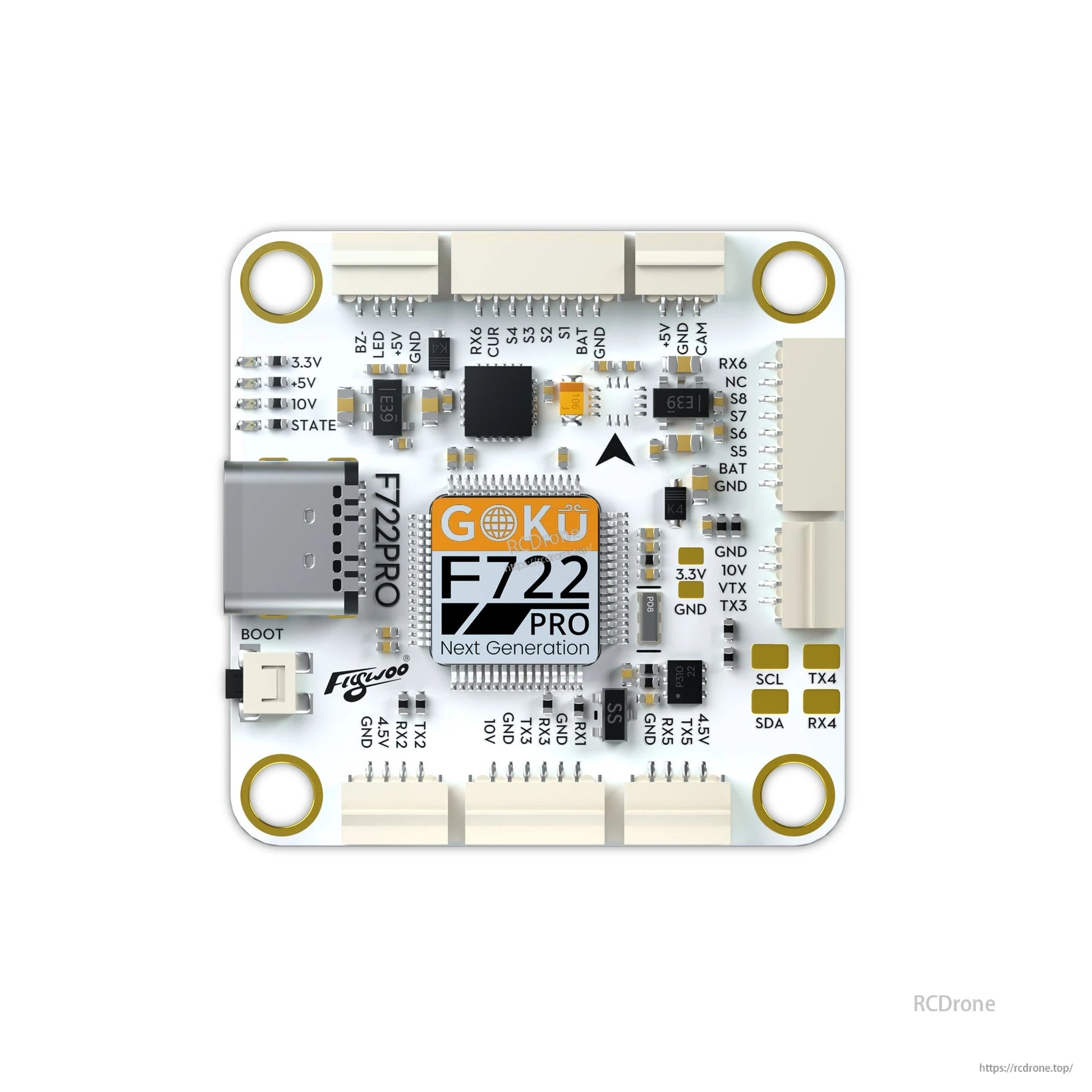 Flywoo GOKU F722 PRO V2 30x30 flight controller board with USB-C port, BOOT button, and labeled pads