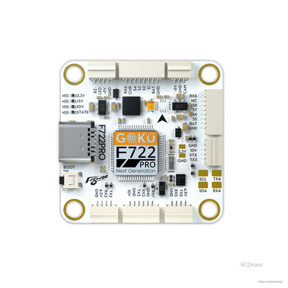 Flywoo GOKU F722 PRO V2 30x30 flight controller board with USB-C port, BOOT button, and labeled pads