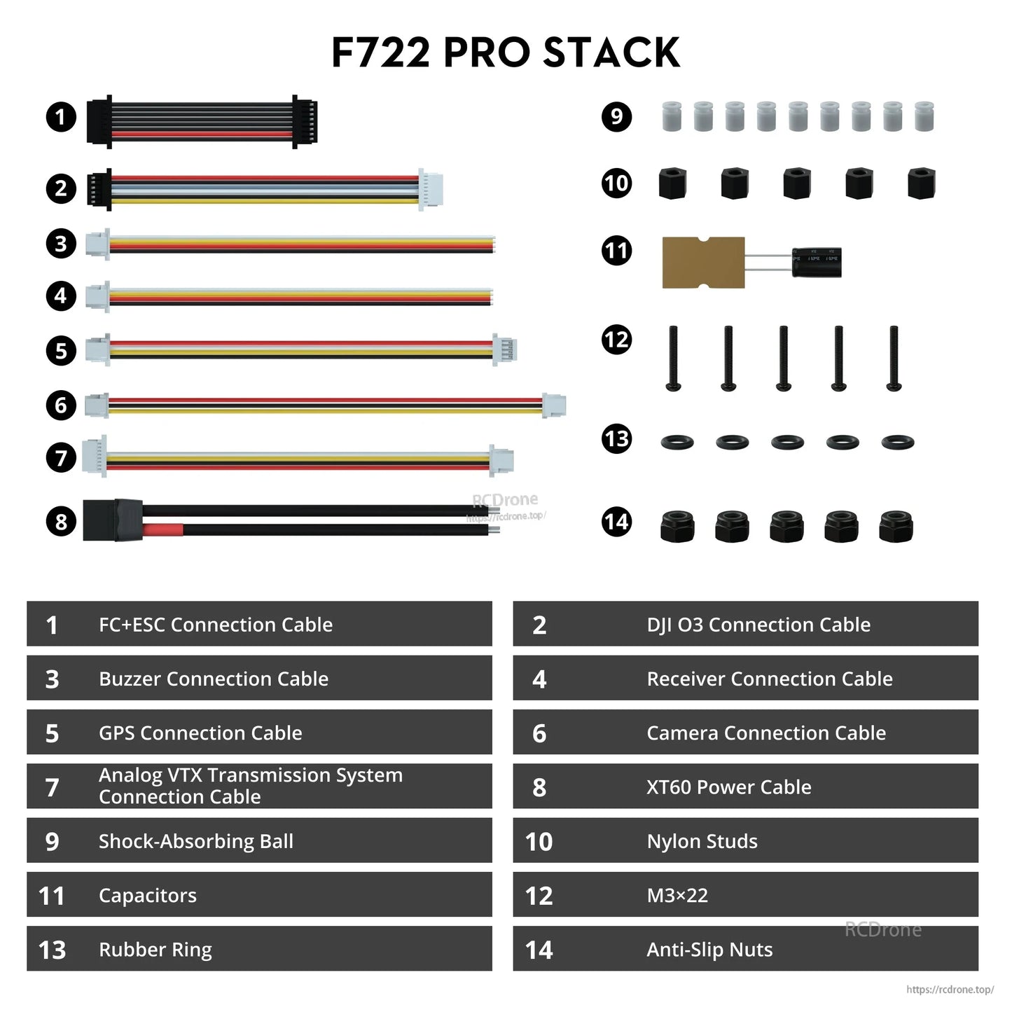 Included wiring and hardware kit for Flywoo GOKU F722 Pro stack, with labeled connection cables and mounting parts