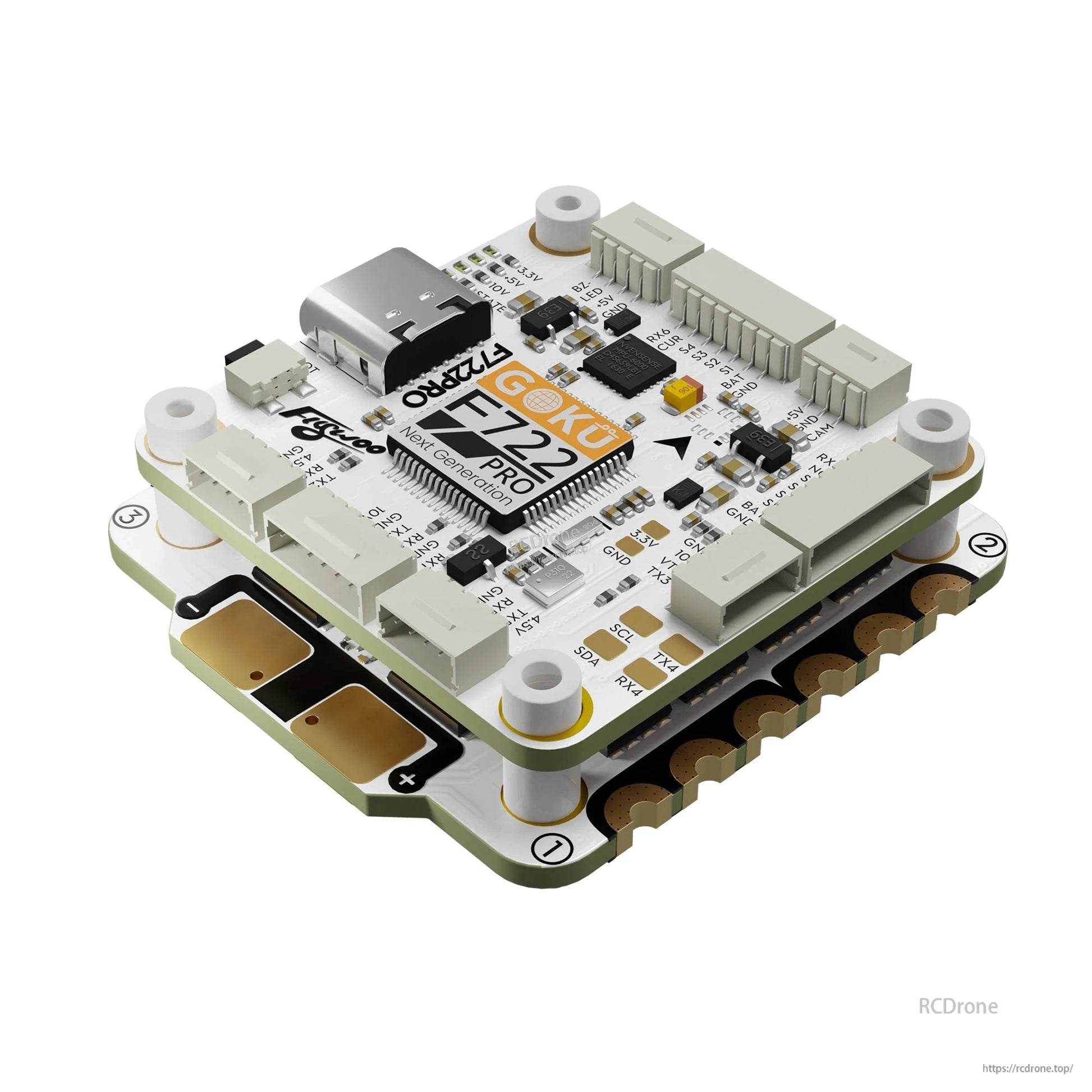 Flywoo GOKU F722 Pro V2 30x30 flight controller stack with USB-C port, labeled connectors, and 4-in-1 ESC