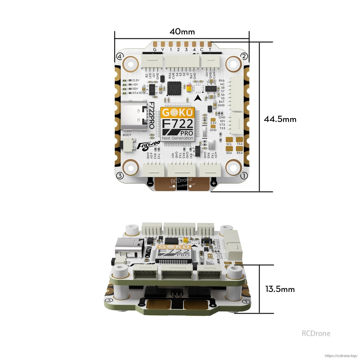 Flywoo GOKU F722 Pro flight controller board with USB-C port, plug connectors, and 40 x 44.5 mm dimensions