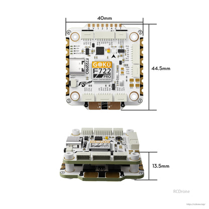Flywoo GOKU F722 Pro flight controller board with USB-C port, plug connectors, and 40 x 44.5 mm dimensions
