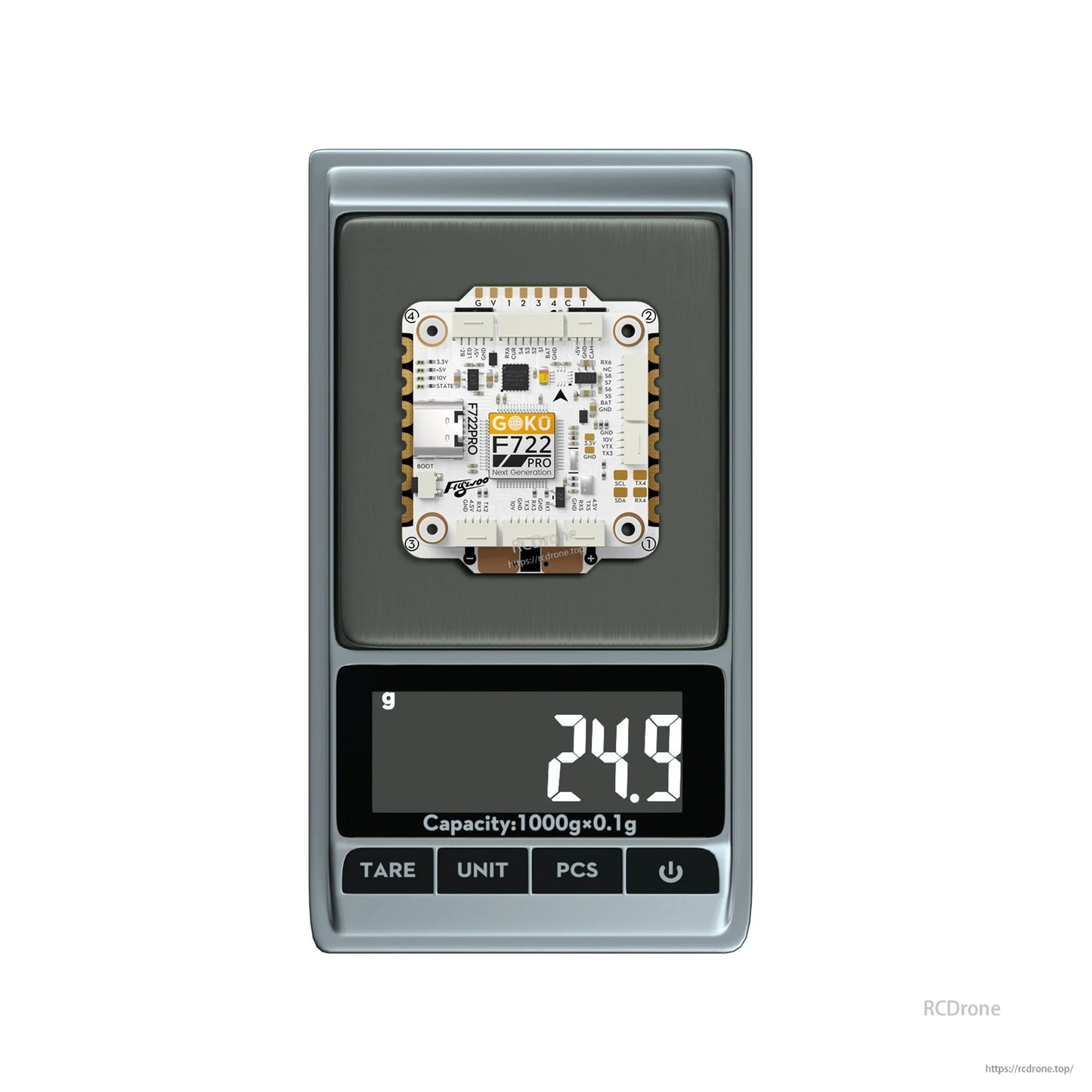 Flywoo GOKU F722 Pro flight controller board on a digital scale reading 24.9 g