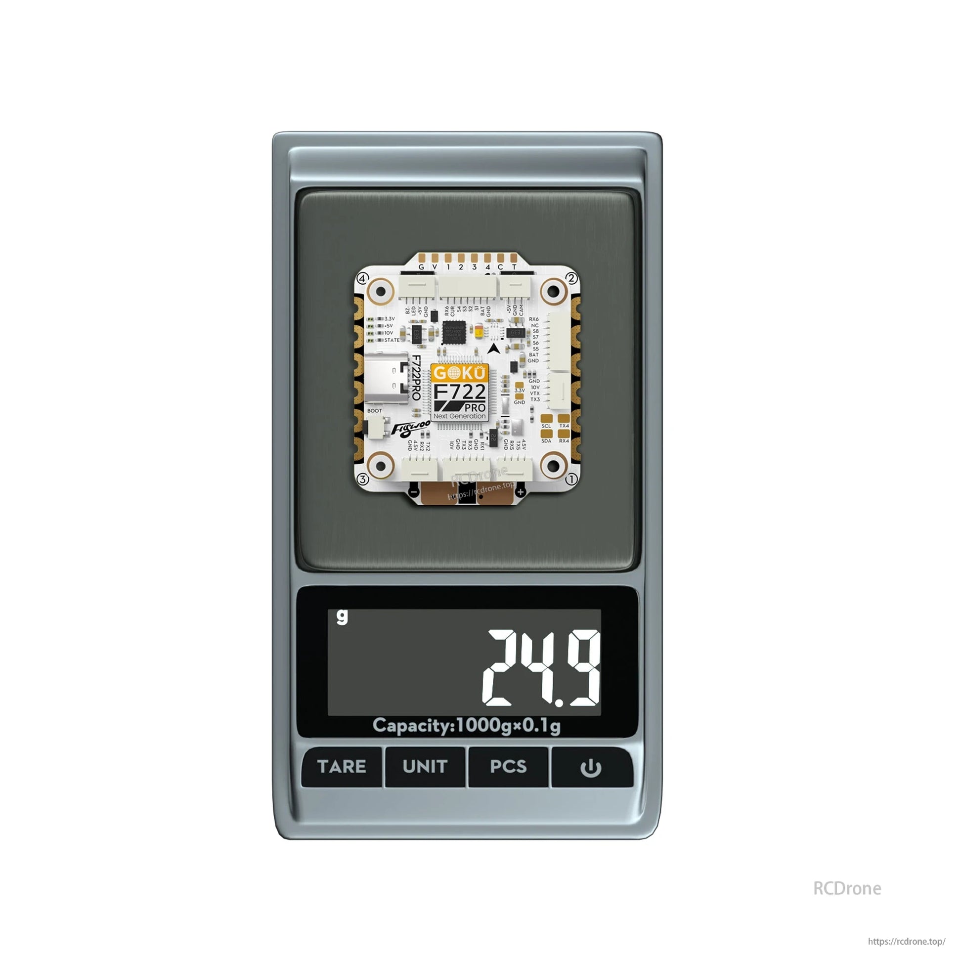 Flywoo GOKU F722 Pro flight controller board on a digital scale reading 24.9 g
