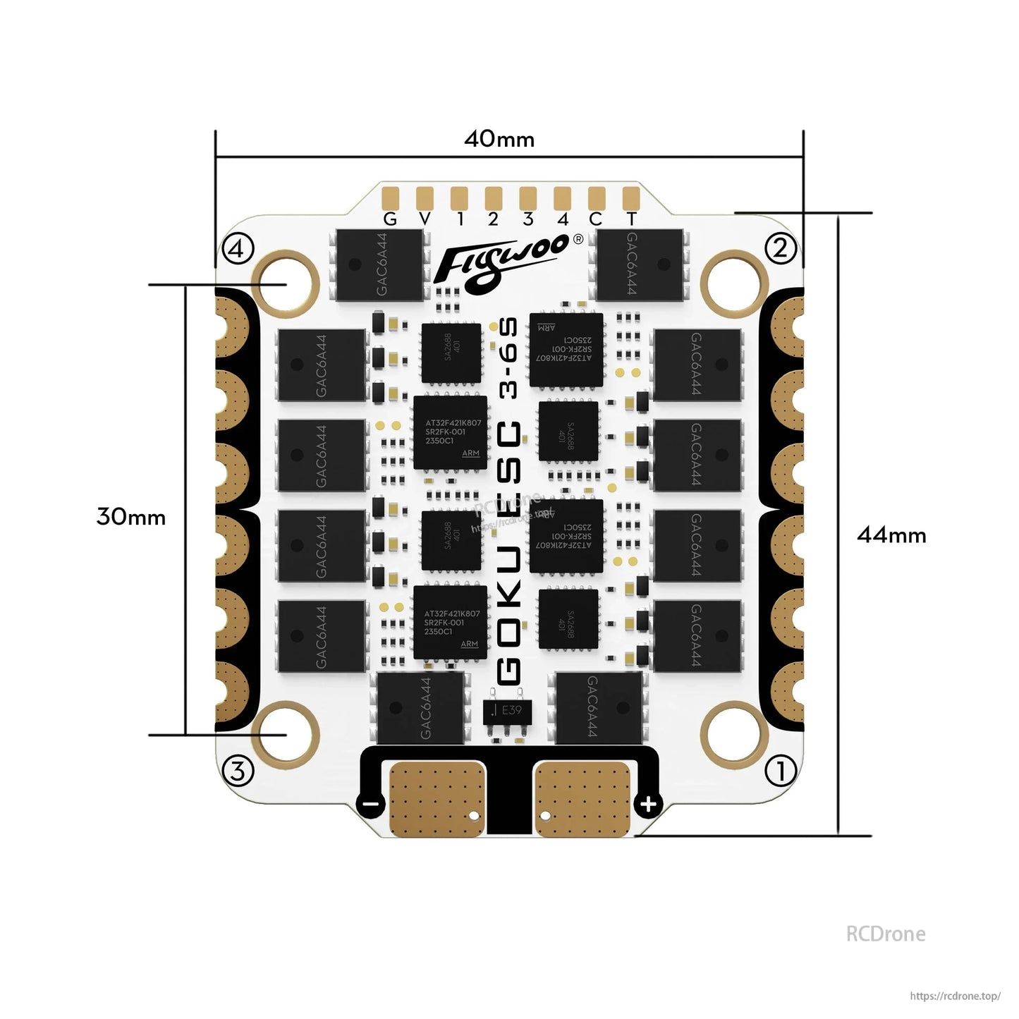 Flywoo GOKU G55M ESC board with labeled pads (G, V, 1–4, C, T) and 30x40mm mounting layout