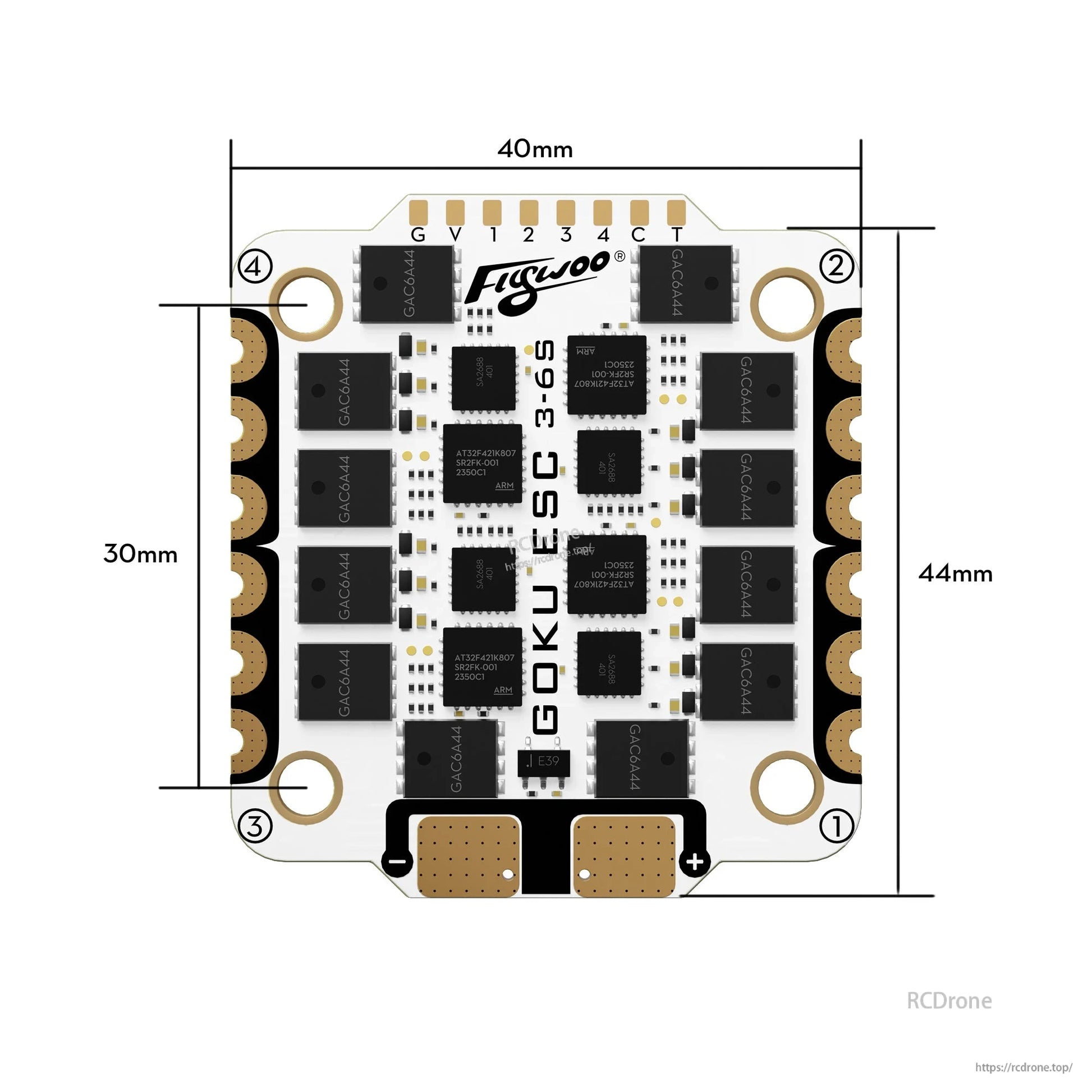 Flywoo GOKU G55M ESC board with labeled pads (G, V, 1–4, C, T) and 30x40mm mounting layout