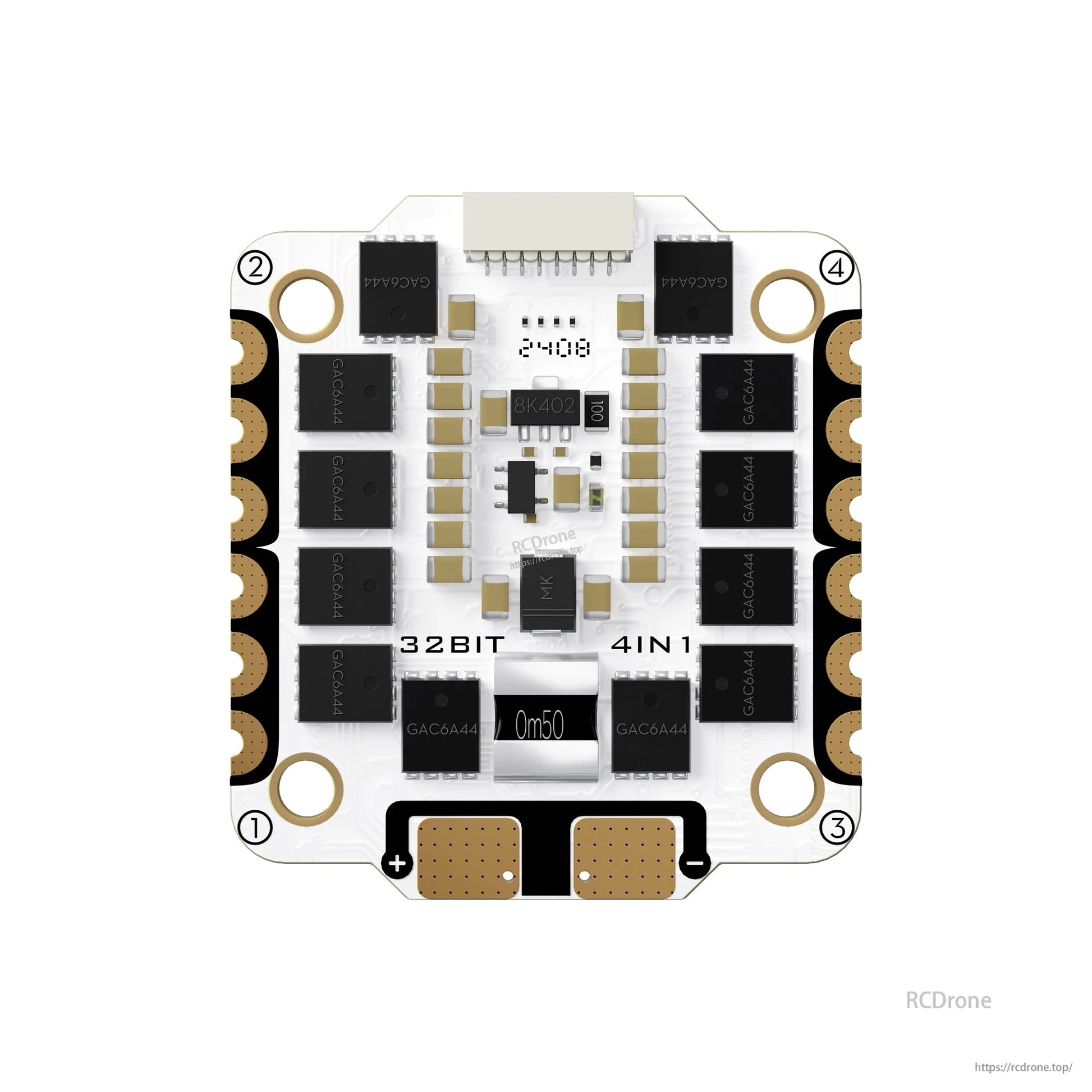 Flywoo GOKU G55M ESC, Flywoo GOKU G55M 32-bit 4-in-1 ESC board with battery +/- pads, motor pads, and top connector