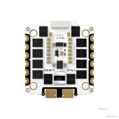 Flywoo GOKU G55M ESC, Flywoo GOKU G55M 32-bit 4-in-1 ESC board with battery +/- pads, motor pads, and top connector