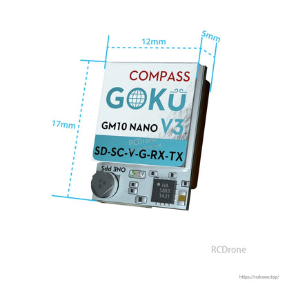 Flywoo GOKU GM10 Nano V3 GPS/compass module with SD-SC-V-G-RX-TX pads and 17 x 12 x 5 mm size