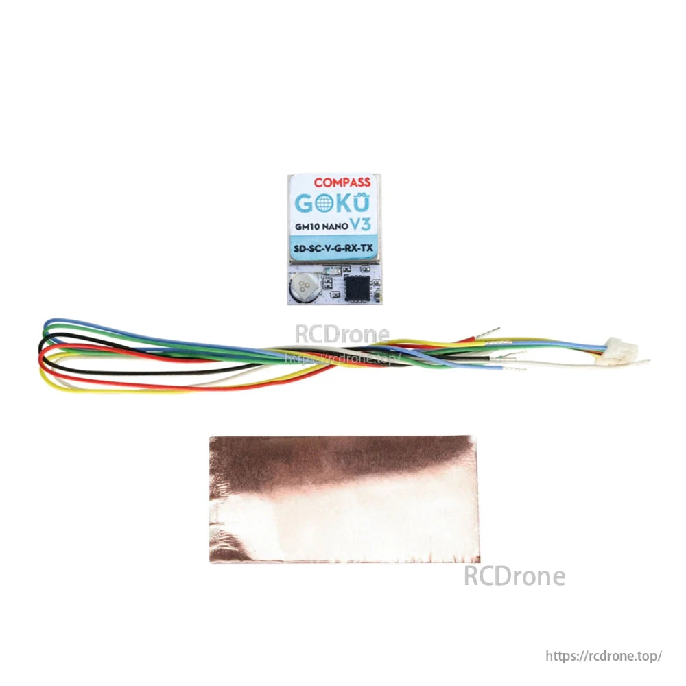 Flywoo GOKU GM10 Nano V3 GPS compass module with wiring harness and copper shielding sheet