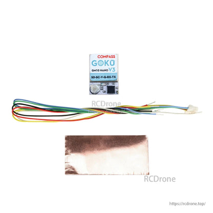 Flywoo GOKU GM10 Nano V3 GPS compass module with wiring harness and copper shielding sheet