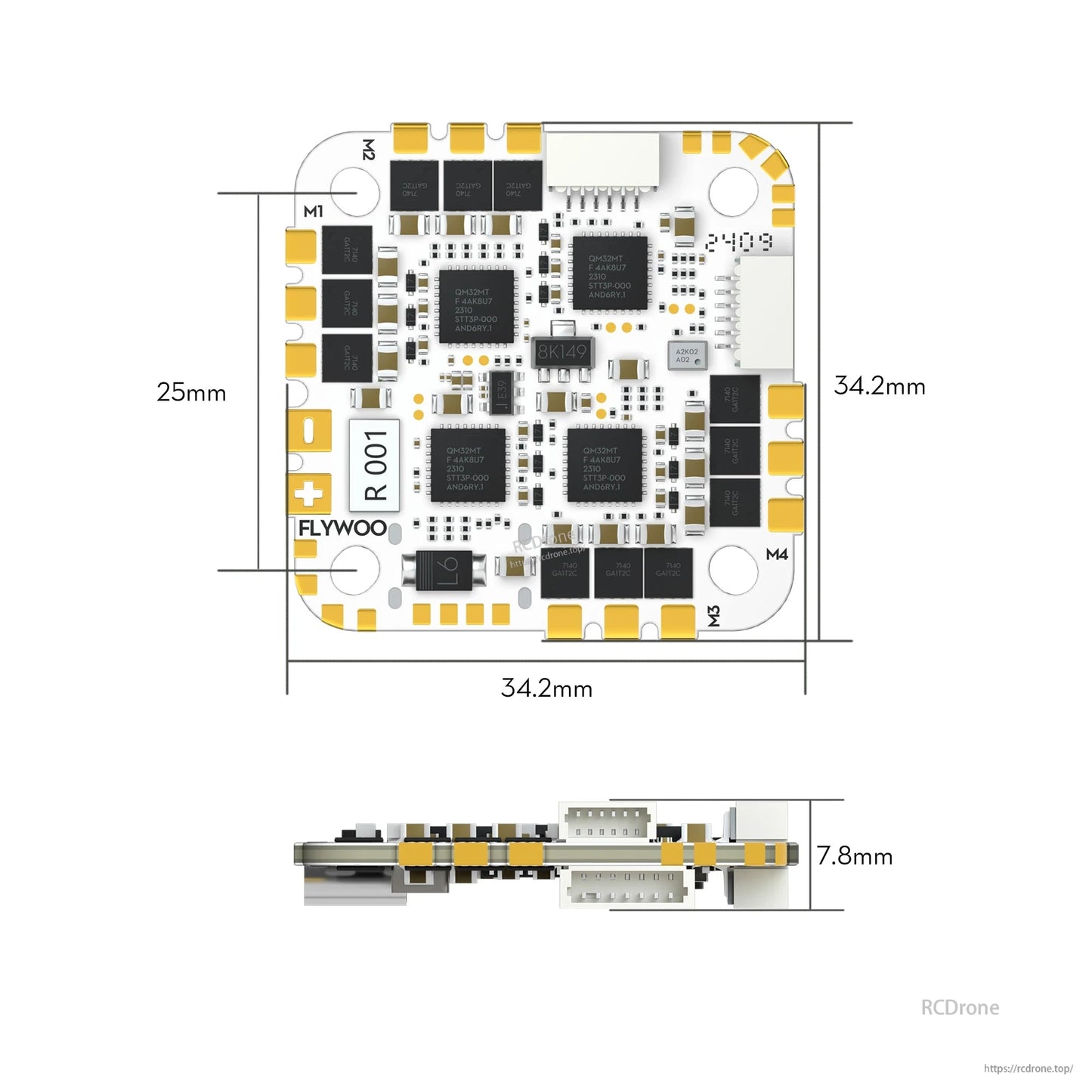 Flywoo GOKU GN745 V3 45A AIO Flight Controller, Flywoo GOKU GN745 V3 AIO flight controller board with 25mm mounting holes, 34.2mm size, and 7.8mm height