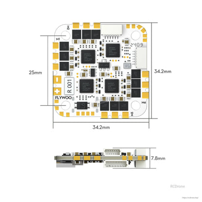 Flywoo GOKU GN745 V3 45A AIO Flight Controller, Flywoo GOKU GN745 V3 AIO flight controller board with 25mm mounting holes, 34.2mm size, and 7.8mm height