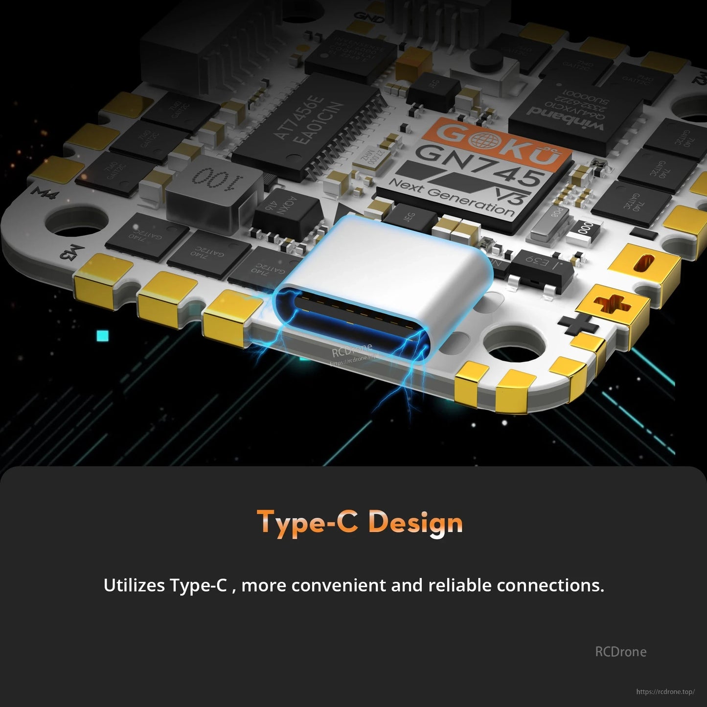 Flywoo GOKU GN745 V3 45A AIO Flight Controller, Close-up of Flywoo GOKU GN745 V3 AIO flight controller board with USB-C Type‑C port and GN745 label