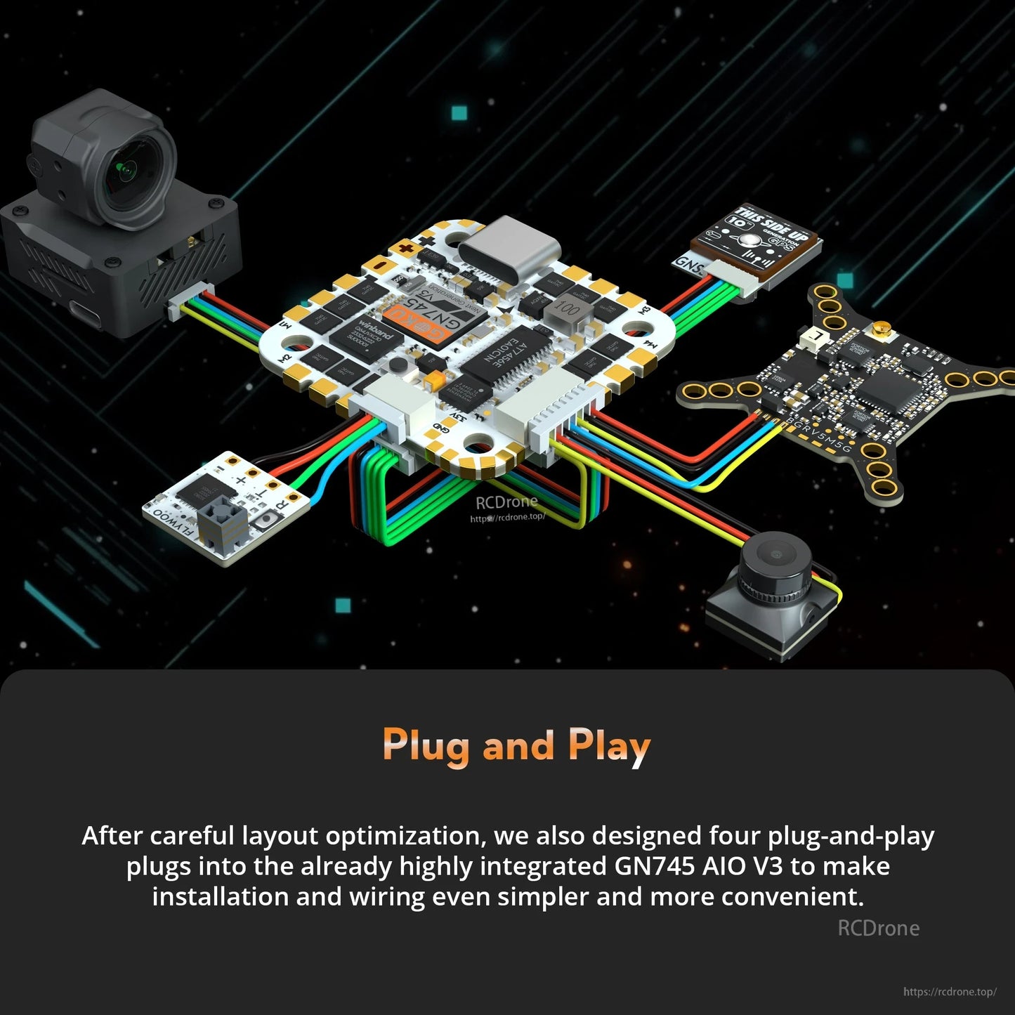 Flywoo GOKU GN745 V3 45A AIO Flight Controller, Flywoo GOKU GN745 V3 AIO flight controller board with four plug-and-play ports and color-coded wiring harnesses