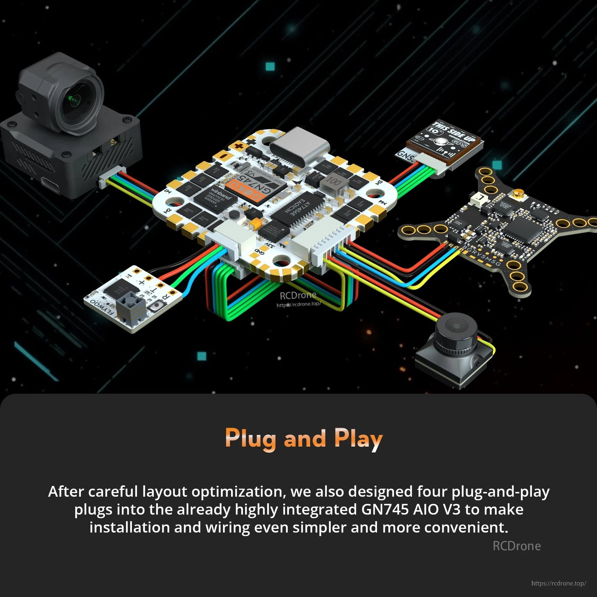 Flywoo GOKU GN745 V3 45A AIO Flight Controller, Flywoo GOKU GN745 V3 AIO flight controller board with four plug-and-play ports and color-coded wiring harnesses