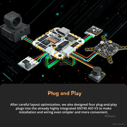 Flywoo GOKU GN745 V3 45A AIO Flight Controller, Flywoo GOKU GN745 V3 AIO flight controller board with four plug-and-play ports and color-coded wiring harnesses