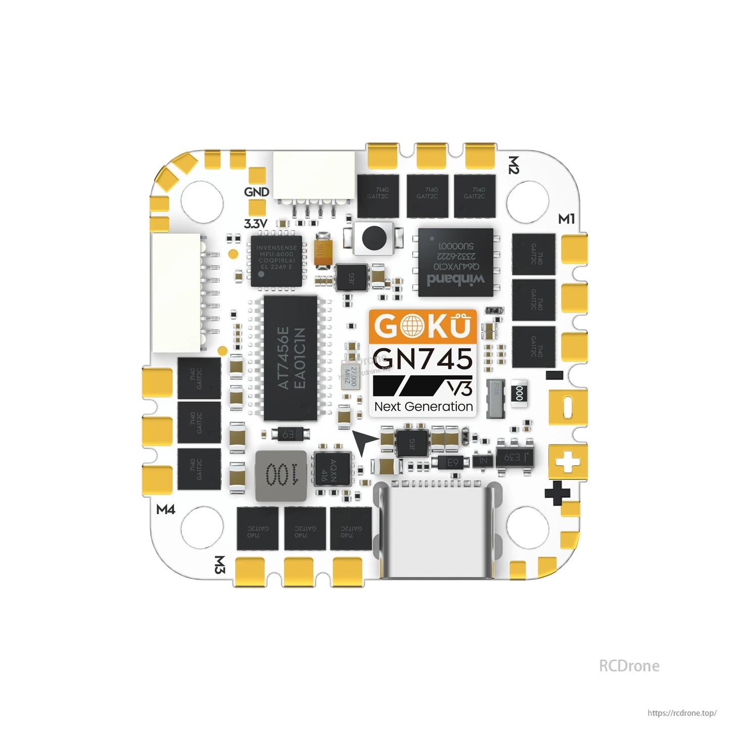 Flywoo GOKU GN745 V3 45A AIO Flight Controller, Flywoo GOKU GN745 V3 AIO flight controller board with USB-C port, motor pads M1–M4, and battery +/- pads