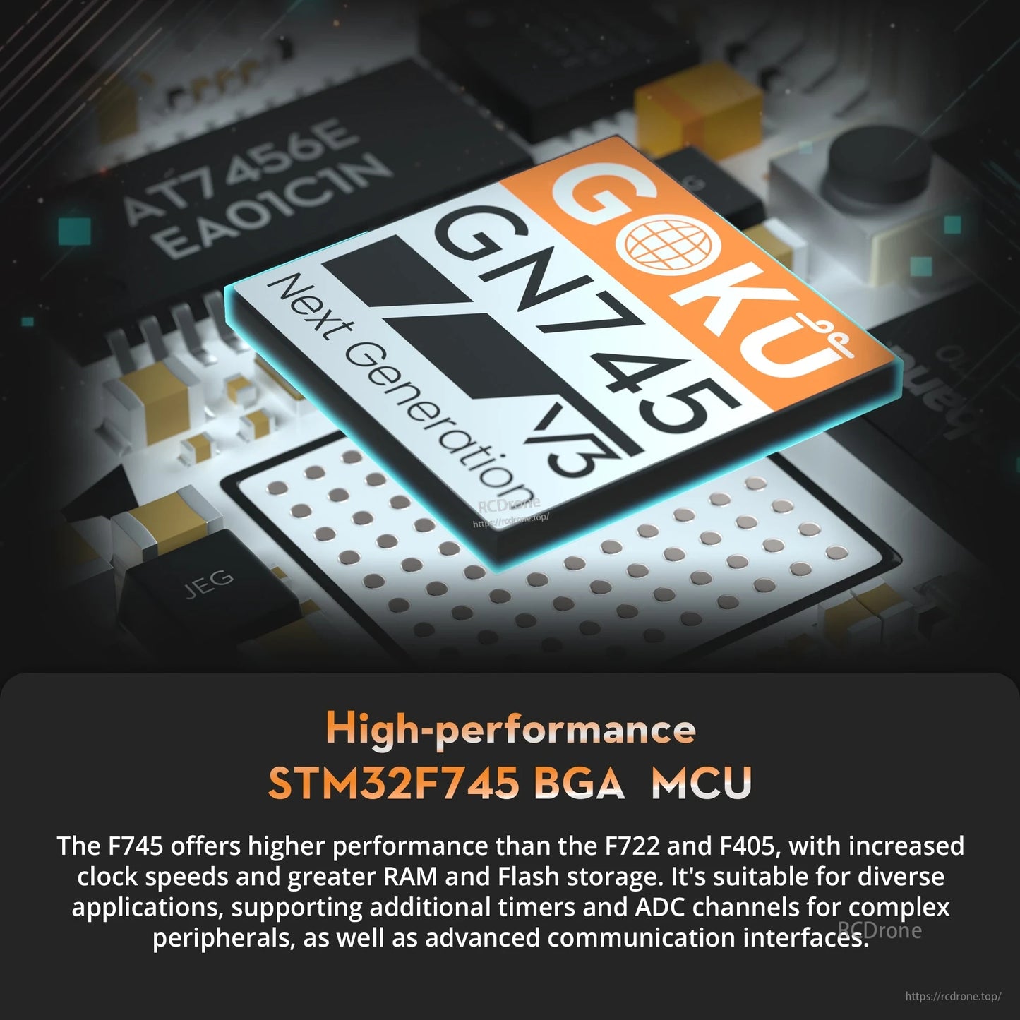 Flywoo GOKU GN745 V3 45A AIO Flight Controller, Flywoo GOKU GN745 V3 flight controller graphic featuring a GOKU GN745 V3 chip labeled STM32F745 BGA MCU