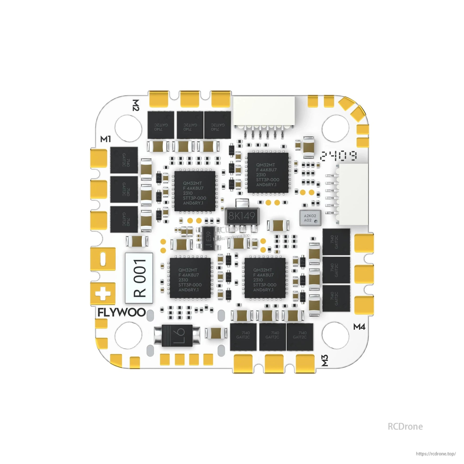 Flywoo GOKU GN745 V3 45A AIO Flight Controller, Top view of Flywoo GOKU GN745 V3 AIO flight controller board with motor pads M1–M4 and battery +/- pads