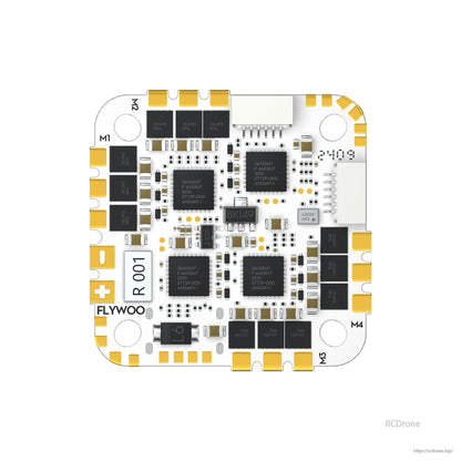 Flywoo GOKU GN745 V3 45A AIO Flight Controller, Top view of Flywoo GOKU GN745 V3 AIO flight controller board with motor pads M1–M4 and battery +/- pads