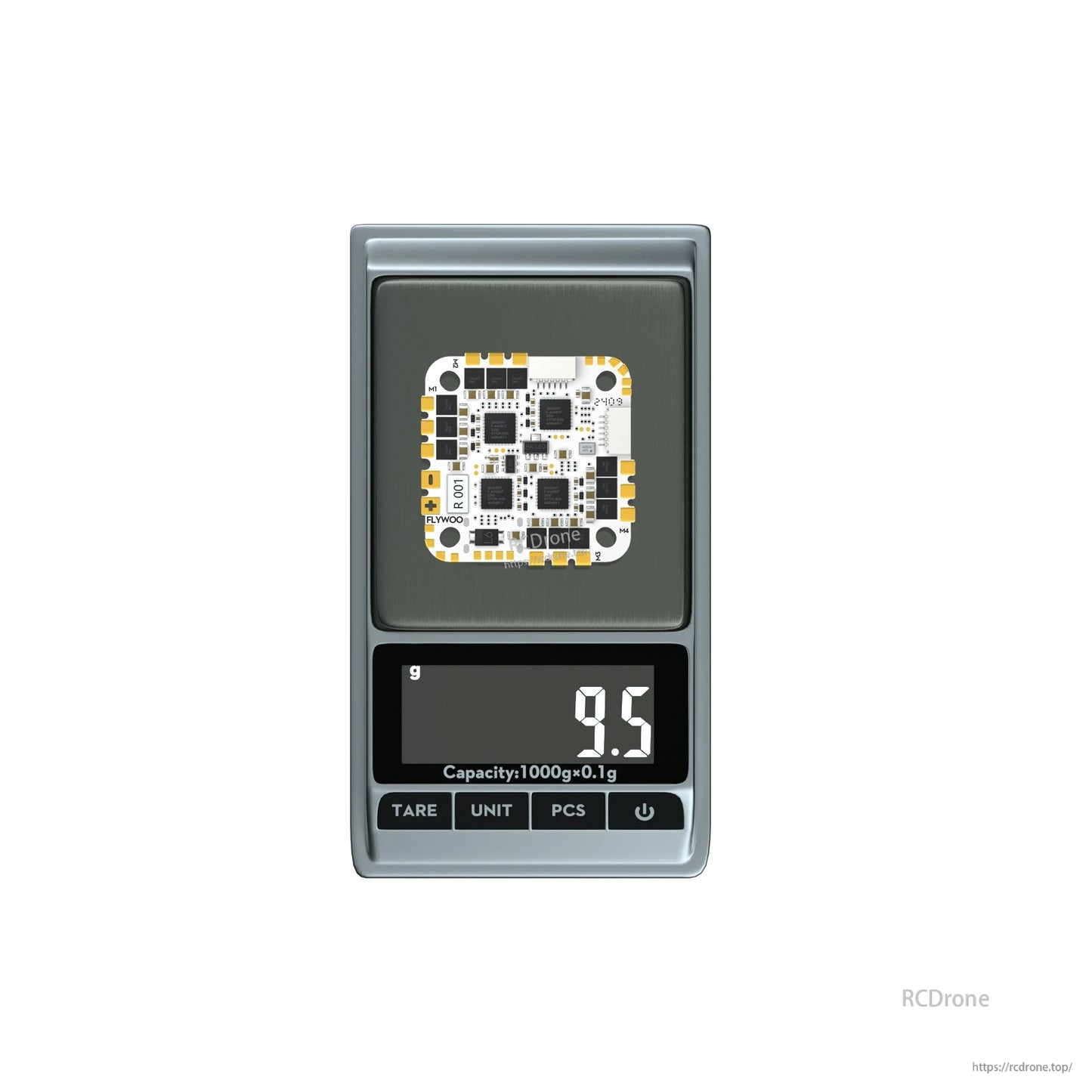 Flywoo GOKU GN745 V3 45A AIO flight controller board on a digital scale reading 9.5 g