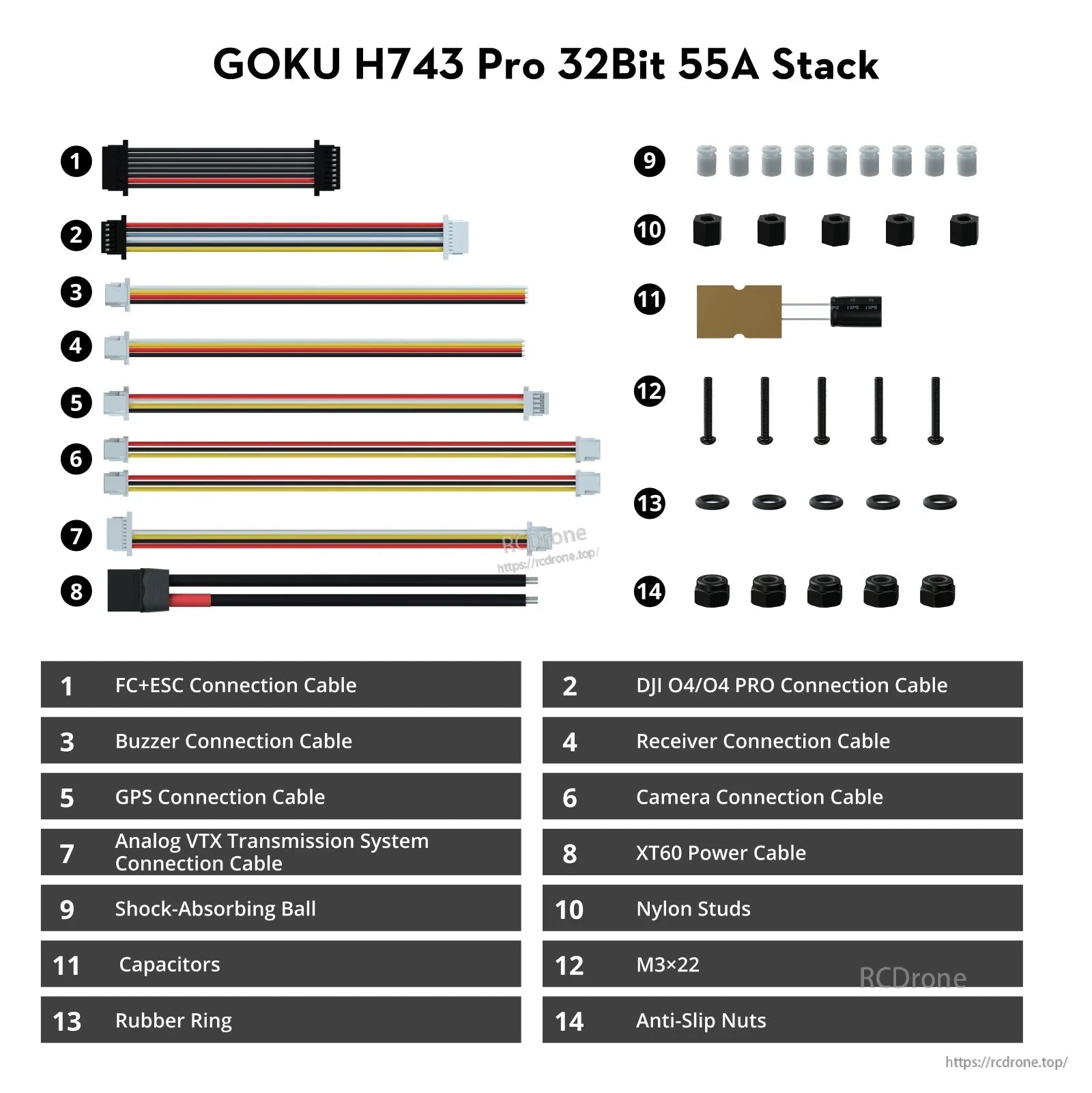 Flywoo GOKU H743 Pro 55A stack accessory kit with connection cables, XT60 lead, capacitor, studs and screws
