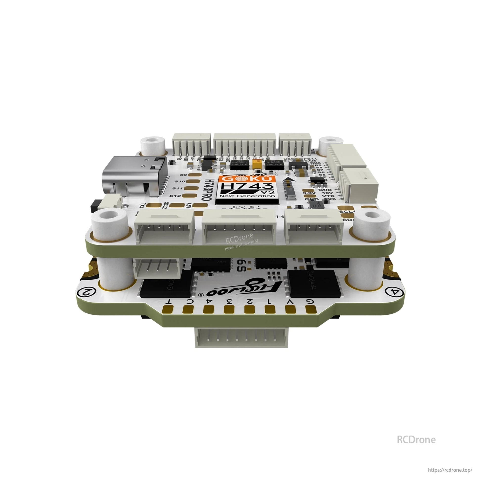 Flywoo GOKU H743 Pro flight controller and ESC stack with USB-C port and multiple plug connectors