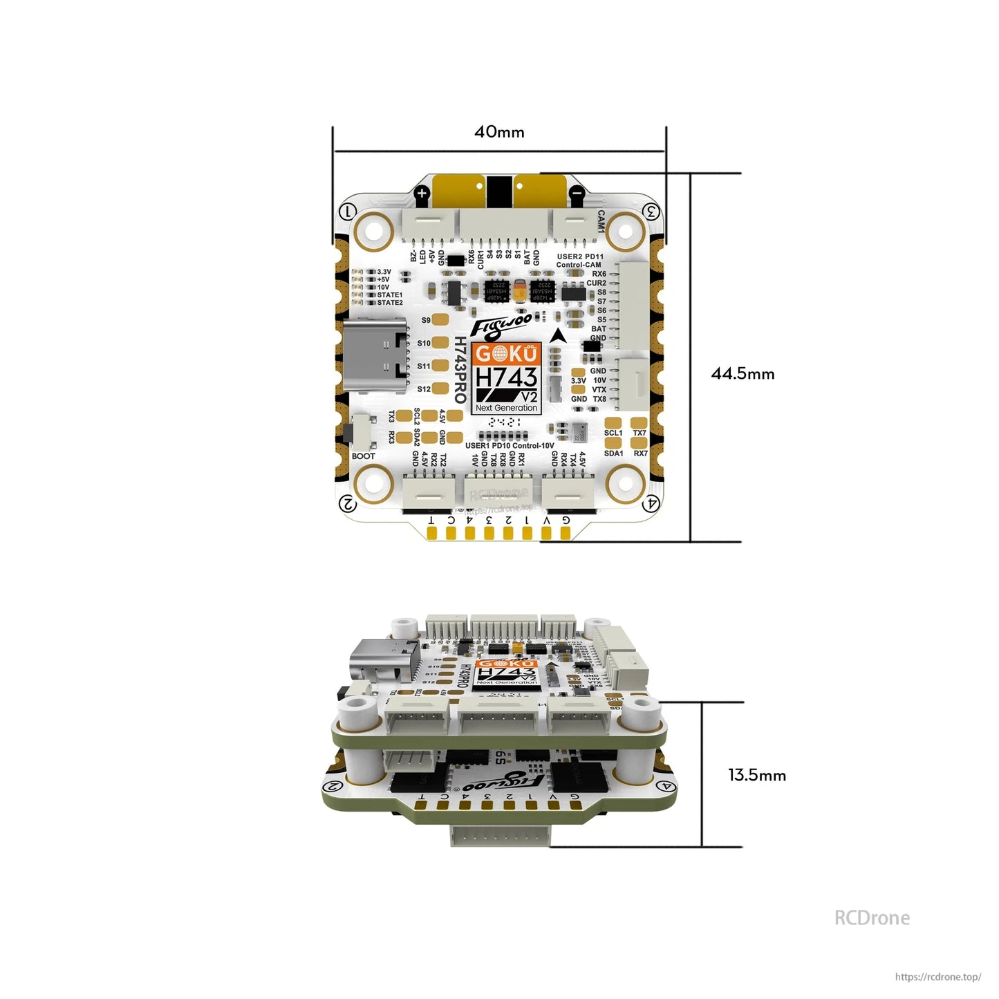 Flywoo GOKU H743 PRO V2 flight controller and ESC stack with USB port, 40mm x 44.5mm board and 13.5mm height