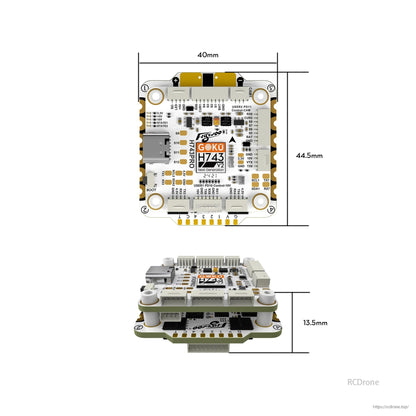 Flywoo GOKU H743 PRO V2 flight controller and ESC stack with USB port, 40mm x 44.5mm board and 13.5mm height