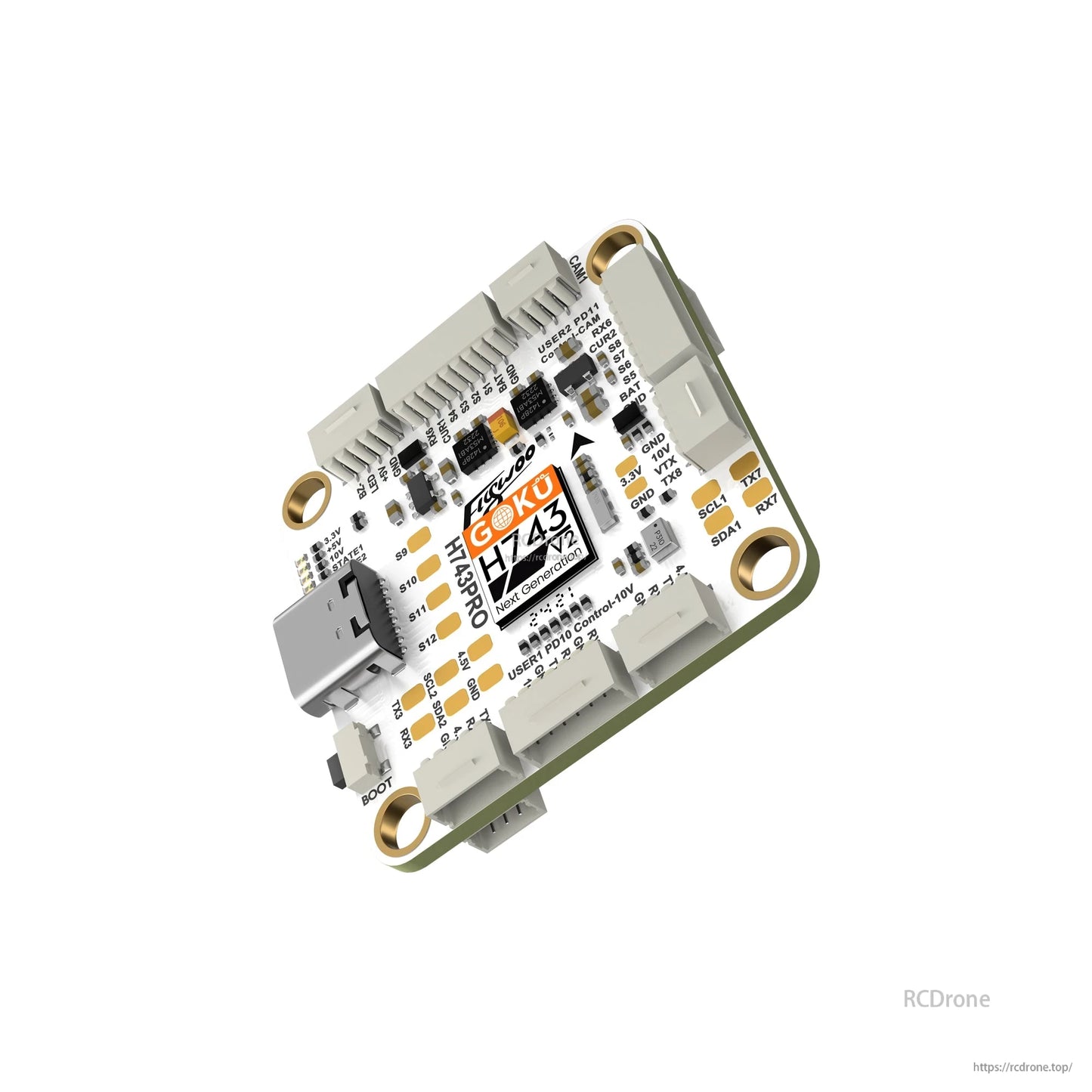 Flywoo GOKU H743 PRO flight controller board with USB-C port, plug connectors, and 30x30 mounting holes