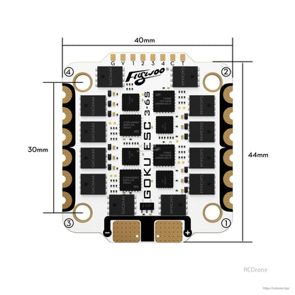Top view of Flywoo GOKU SGC 3–6S 30x30 ESC board with labeled pads and large +/− battery terminals