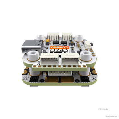 Flywoo GOKU H743 PRO Mini Flight Controller, Flywoo GOKU H743 mini flight controller board with USB port, labeled CAM connector, and plug-in sockets
