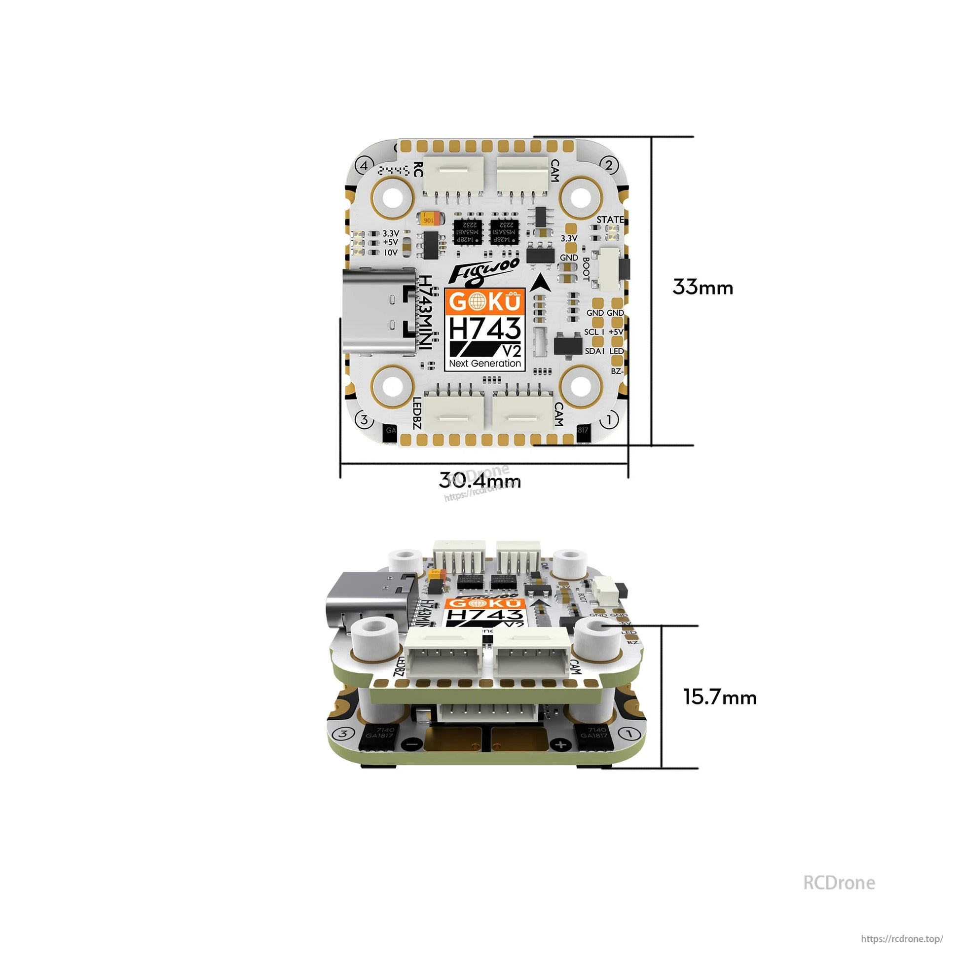 Flywoo GOKU H743 Pro Mini flight controller board with USB port, plug connectors, and 33mm size layout