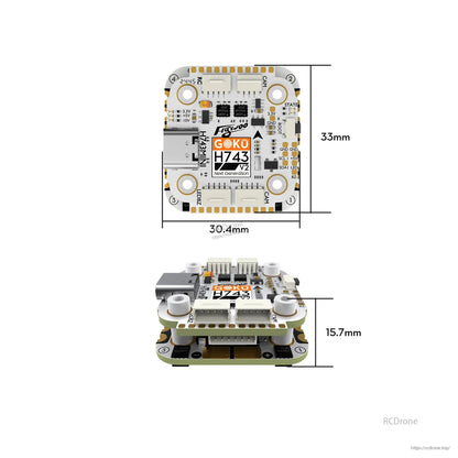 Flywoo GOKU H743 Pro Mini flight controller board with USB port, plug connectors, and 33mm size layout