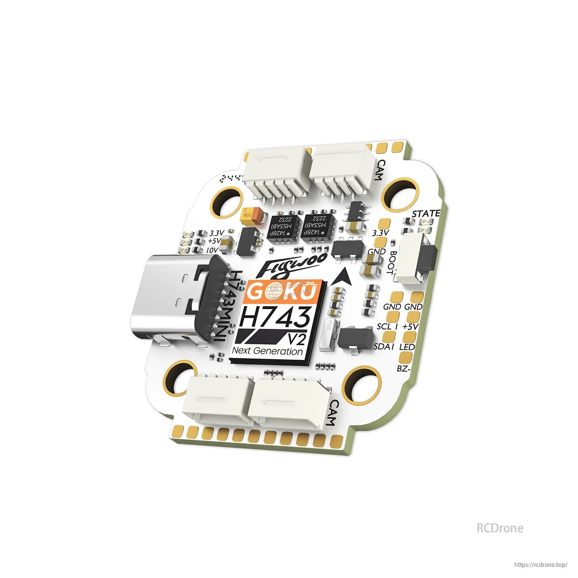 Flywoo GOKU H743 PRO Mini Flight Controller, Flywoo GOKU H743 V2 mini flight controller board with USB-C port, JST plugs, and labeled solder pads