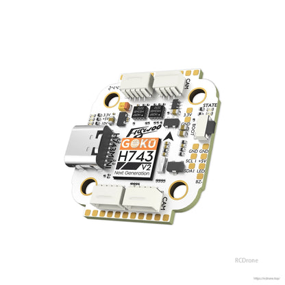 Flywoo GOKU H743 PRO Mini Flight Controller, Flywoo GOKU H743 V2 mini flight controller board with USB-C port, JST plugs, and labeled solder pads