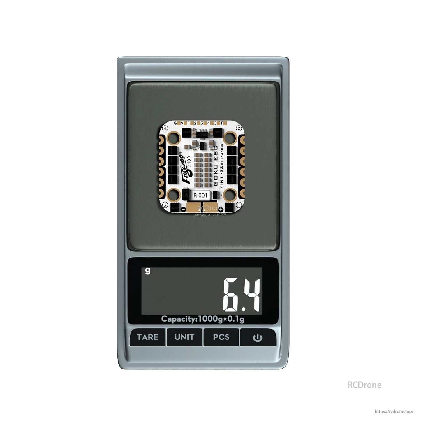Flywoo GOKU H743 PRO Mini Flight Controller, Flywoo GOKU mini drone control board on a digital scale, with the display showing 6.4 g weight