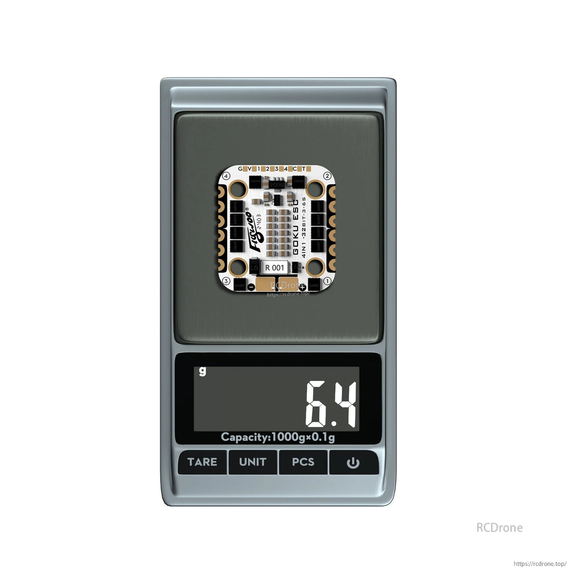Flywoo GOKU H743 PRO Mini Flight Controller, Flywoo GOKU mini drone control board on a digital scale, with the display showing 6.4 g weight